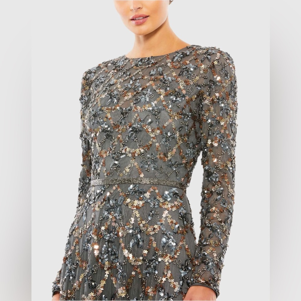 NWT $698 MAC DUGGAL Gray Embellished Illusion High Neck Long Sleeve A Line Gown - Picture 3 of 4